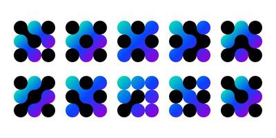 Atom dots connected in molecule structure pattern. Abstract circle shapes, collagen liquid drops. Medical tech metaball cells. Wavy merge fluid arrow, laboratory symbol. Dividing blob circuit cross vector