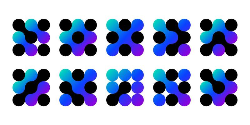 Atom dots connected in molecule structure pattern. Abstract circle shapes, collagen liquid drops. Medical tech metaball cells. Wavy merge fluid arrow, laboratory symbol. Dividing blob circuit cross