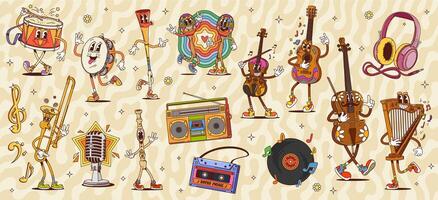 Cartoon groovy musical characters and instruments vector