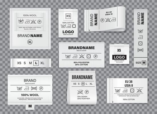 Realistic laundry labels and fabric washing tags