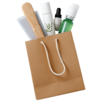 Mini paper bag with skincare products, including bottles and tools, for self care. isolated on transparency background png