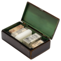 Miniature product box with visible interior labels and assorted soaps inside. isolated on transparency background png
