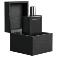 Minimalist black gift box with matte texture and perfume bottle inside, elegant design. isolated on transparency background png
