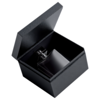Minimalist black gift box with matte texture and open lid, showcasing sleek bottle inside. isolated on transparency background png