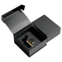 Minimalist black gift box with matte texture and open lid, showcasing perfume bottle isolated on transparency background png