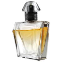 Elegant perfume bottle showcasing clear design with unique cap and golden liquid. isolated on transparency background png