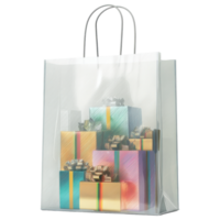 translucent shopping bag filled with colorful wrapped gifts, creating festive atmosphere. isolated on transparency background png