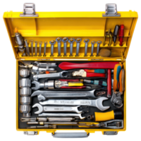 bright yellow toolbox filled with various tools, showcasing organization and readiness isolated on transparency background png