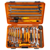well organized tool kit with various tools neatly arranged inside bright orange case. isolated on transparency background png