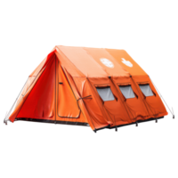 Emergency equipment tent with bright orange color and multiple windows designed for rapid deployment in disaster relief situations png