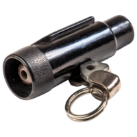Black emergency equipment keychain whistle with metallic ring for safety and alert situations, compact and portable for quick access png