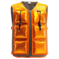 Emergency equipment vest with bright orange color and multiple pockets designed for safety and utility in urgent situations png