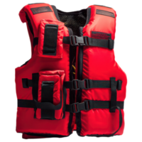Red emergency equipment life jacket with secure straps and pockets designed for safety and flotation in water rescue situations png