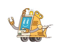 Cartoon funny groovy robot, retro droid on wheels vector