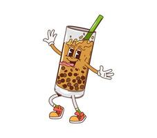 Groovy bubble tea character, funny tongue out face vector