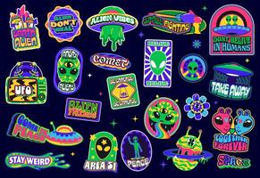 Outer space y2k galaxy groovy stickers, UFO labels vector