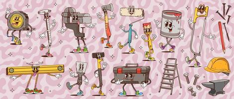 Groovy building, DIY and repair tool characters vector
