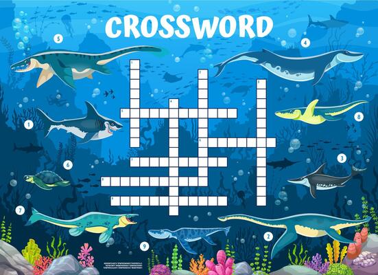 Crossword quiz game grid with underwater dinosaurs