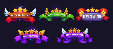 Level up and complete game asset badges with stars vector