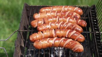 Tasty sausages on a grill grate. Sausage roasting over a barbecue fire in a hot day during the summer vacation. Cooking food for picnic. video