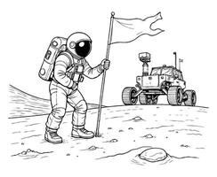 Astronaut Planting Flag on Mars Realistic Space Coloring Page vector