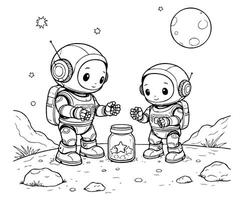 Baby Robots Exploring Moon Coloring Page vector