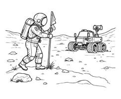 Astronaut on Mars with Rover Space Exploration Coloring Page vector