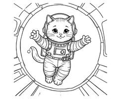 Cat in Spaceship Space Coloring Page for Kids vector