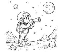 Kid Astronaut Exploring Asteroid Field Space Coloring Page vector