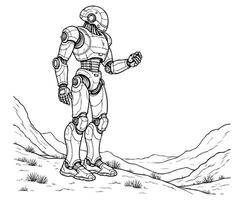 Giant Robot Building Constellations Sci-Fi Coloring Page vector