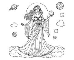 Celestial Goddess with Moon Mythical Space Coloring Page vector