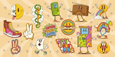 Retro hippie groovy smile characters and symbols vector