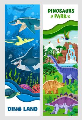 Dino park paper cut banners with funny dinosaurs
