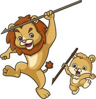 The big lion teaches the little lion how to hunt using a spear. vector