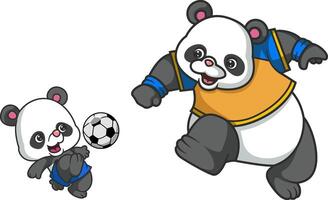 Big panda teaches little panda to play soccer vector