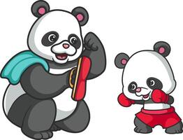 Big panda teaches little panda boxing vector