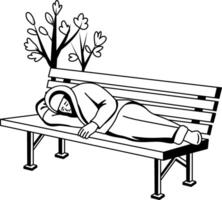 Homeless character sleeping on bench illustration in glyph style vector