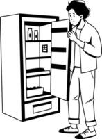 A glyph illustration of a character looking in an empty refrigerator vector