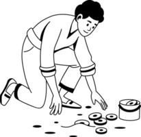 A glyph illustration of character collecting coins from ground vector