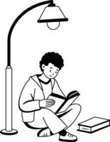 A glyph illustration of a character doing street reading under lamp vector