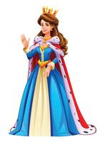 Royal queen in a blue gown with a crown and a red cape, smiling and waving. Cartoon character illustration vector