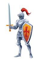 Knight in armor holding sword and shield, with a red plume on the helmet. Cartoon character illustration vector