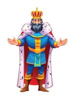 King in regal attire with a crown, extending his hand in a royal gesture. Cartoon character illustration vector