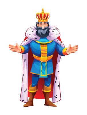 King in regal attire with a crown, extending his hand in a royal gesture. Cartoon character illustration