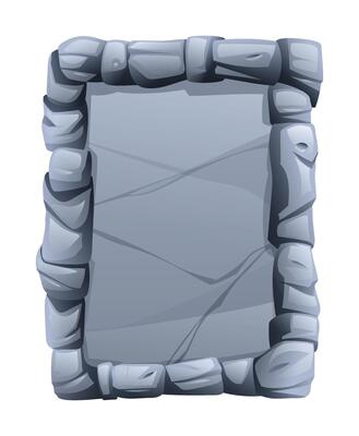 Rectangular stone frame made of jagged stone pieces, with a fractured surface in the middle. Stone banner element for game and web. Ui or gui design element. Cartoon illustration