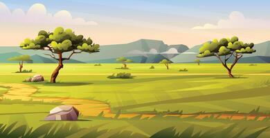 Savanna landscape with trees, winding path through the grass, and a bright sky, showcasing a wide open field. Cartoon illustration vector
