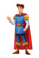 Prince in royal outfit with a cape, gesturing waving hand and smiling. Cartoon character illustration vector