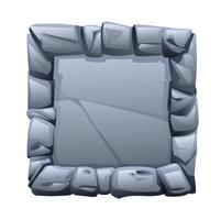 Square stone frame surrounded by jagged stone pieces, with a fractured surface in the middle. Stone banner element for game and web. Ui or gui design element. Cartoon illustration vector