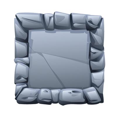 Square stone frame surrounded by jagged stone pieces, with a fractured surface in the middle. Stone banner element for game and web. Ui or gui design element. Cartoon illustration