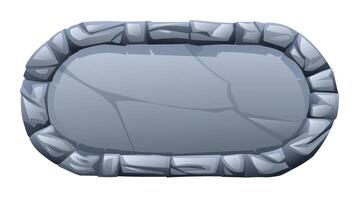 Rounded rectangle stone frame surrounded by jagged stone pieces, with a fractured surface in the middle. Stone banner element for game and web. Ui or gui design element. Cartoon illustration vector